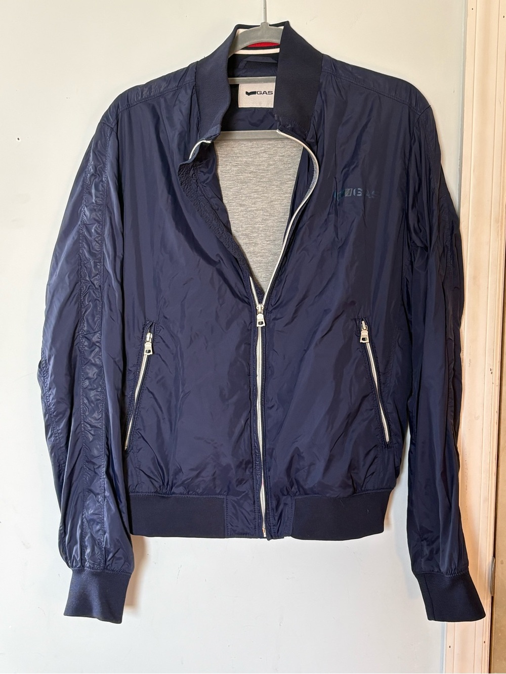 Gas Bomber Jacket Coat Men’s - Blue Red and Gray Size Medium